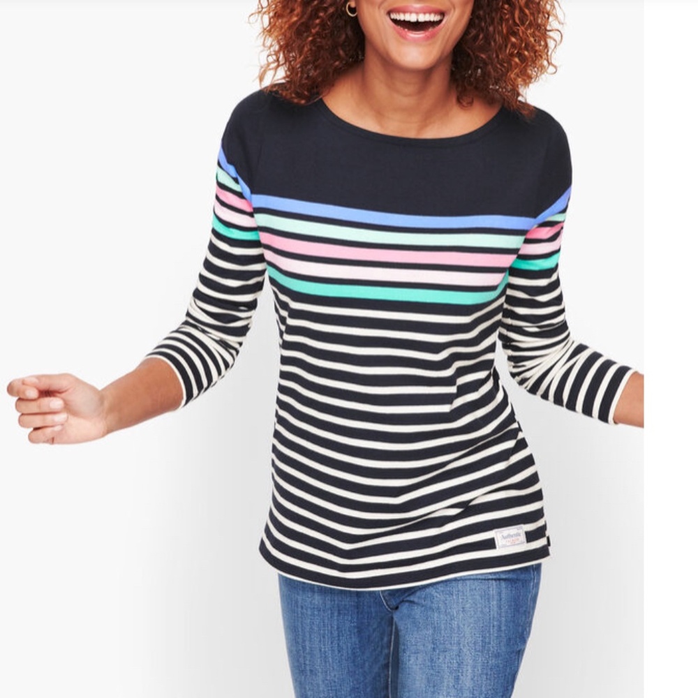 NWT Striped Boatneck Tee Misses S L/S Navy Multi Talbots Authentic Tee Indigo